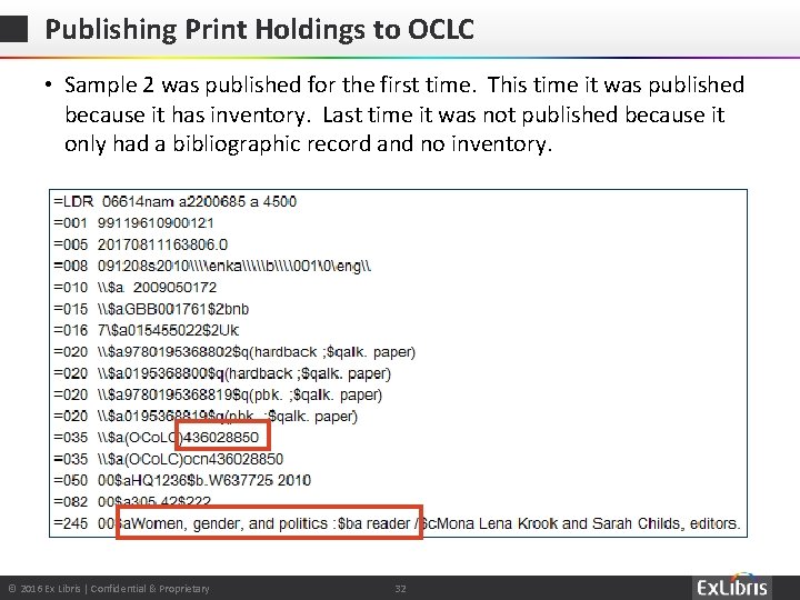 Publishing Print Holdings to OCLC • Sample 2 was published for the first time.