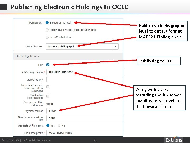 Publishing Electronic Holdings to OCLC Publish on bibliographic level to output format MARC 21