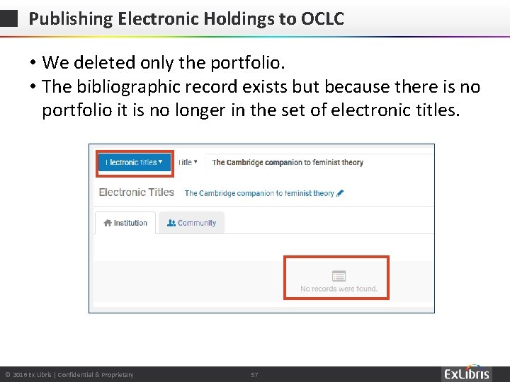 Publishing Electronic Holdings to OCLC • We deleted only the portfolio. • The bibliographic