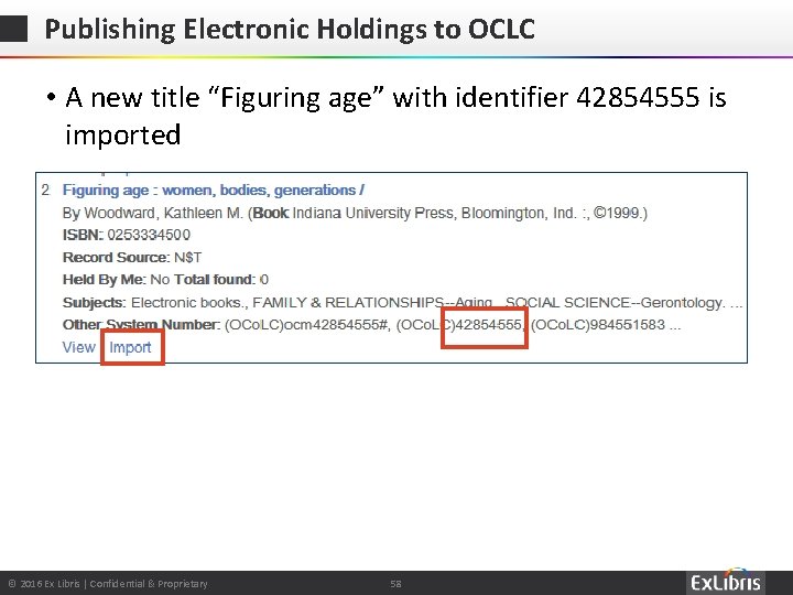 Publishing Electronic Holdings to OCLC • A new title “Figuring age” with identifier 42854555