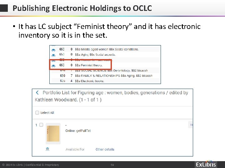 Publishing Electronic Holdings to OCLC • It has LC subject “Feminist theory” and it