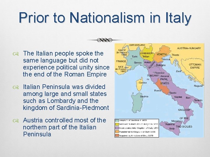 Prior to Nationalism in Italy The Italian people spoke the same language but did