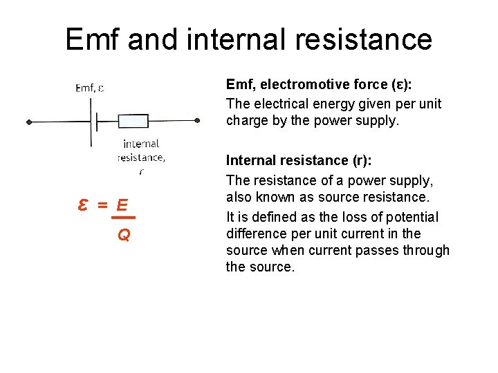 Emf and internal resistance Emf, electromotive force (ε): The electrical energy given per unit