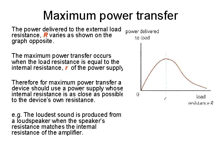 Maximum power transfer The power delivered to the external load resistance, R varies as