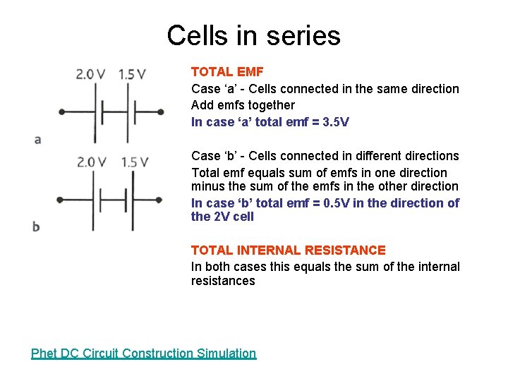 Cells in series TOTAL EMF Case ‘a’ - Cells connected in the same direction