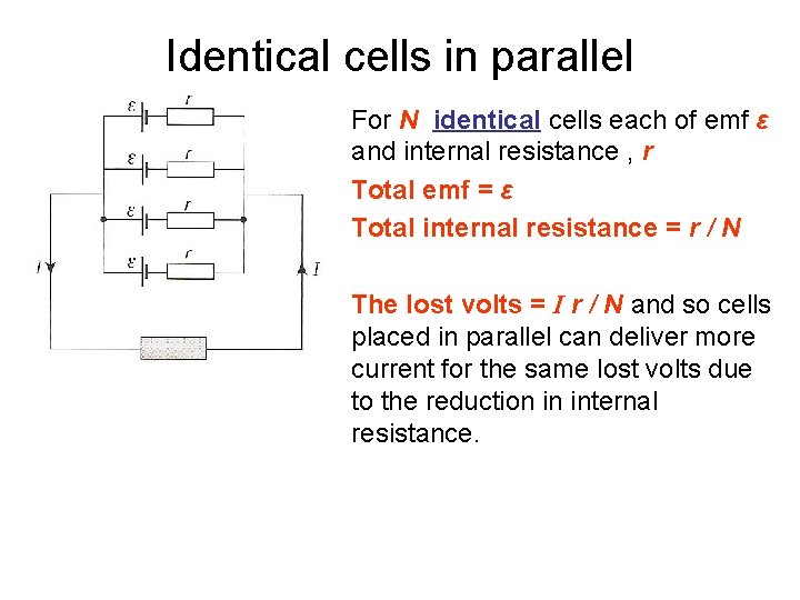 Identical cells in parallel For N identical cells each of emf ε and internal