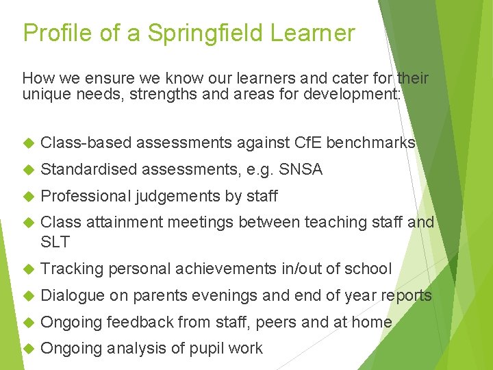 Profile of a Springfield Learner How we ensure we know our learners and cater