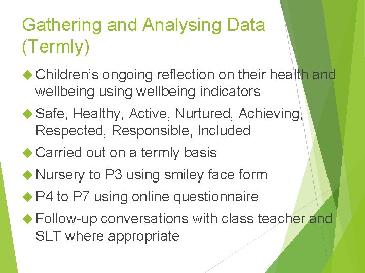 Gathering and Analysing Data (Termly) Children’s ongoing reflection on their health and wellbeing using
