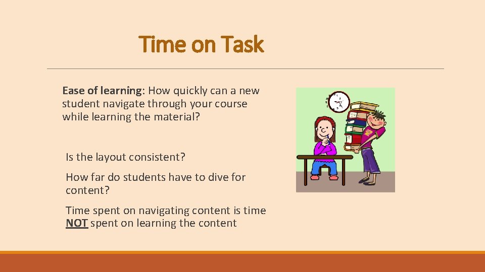 Time on Task Ease of learning: How quickly can a new student navigate through