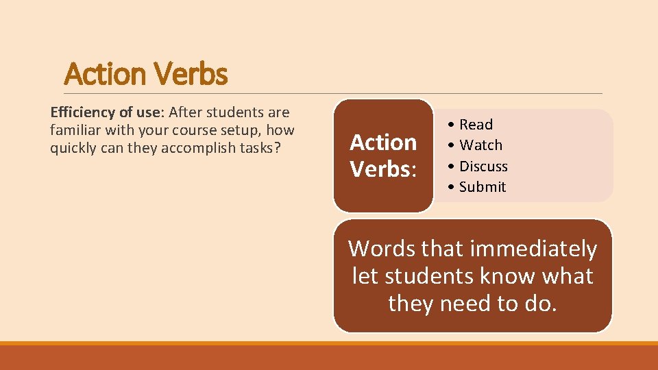 Action Verbs Efficiency of use: After students are familiar with your course setup, how