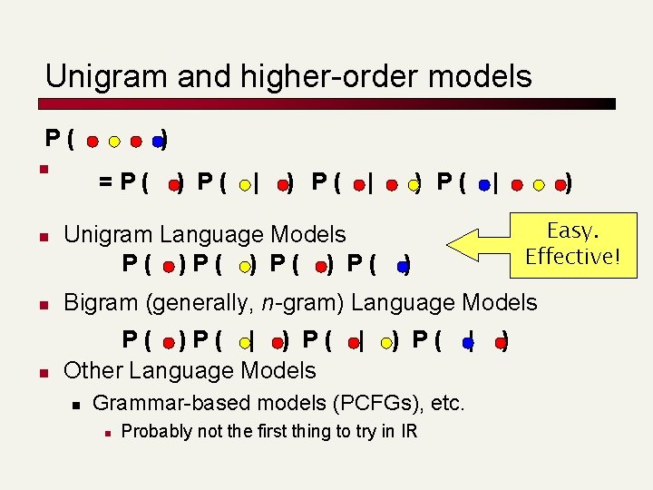 Unigram and higher-order models P( n n ) =P( ) P( | Unigram Language