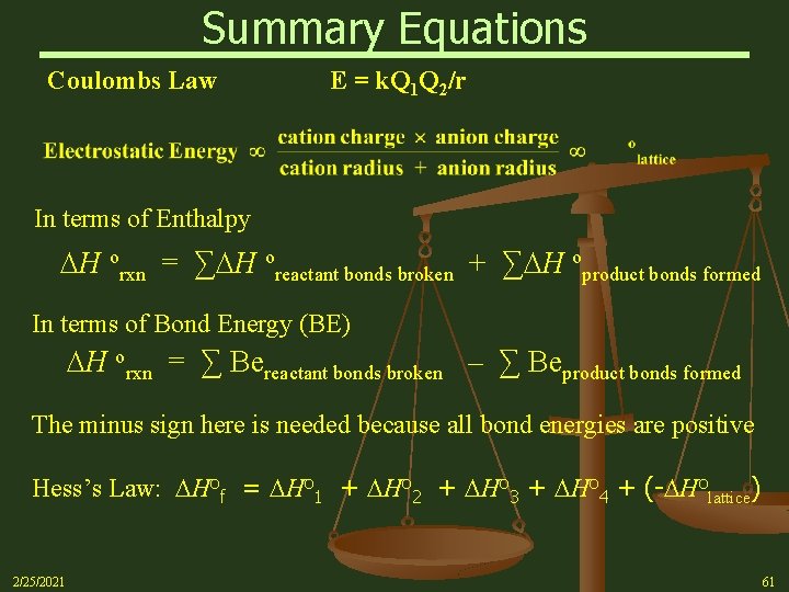 Summary Equations Coulombs Law E = k. Q 1 Q 2/r In terms of