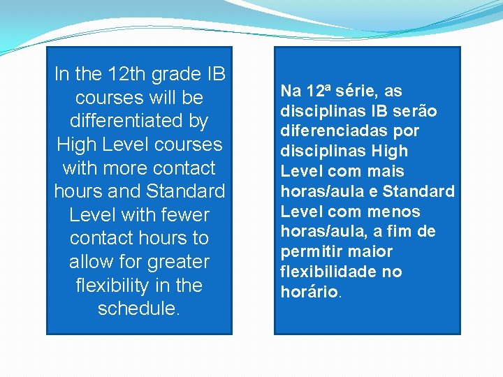 In the 12 th grade IB courses will be differentiated by High Level courses