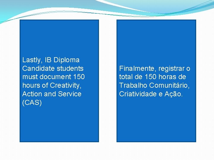 Lastly, IB Diploma Candidate students must document 150 hours of Creativity, Action and Service
