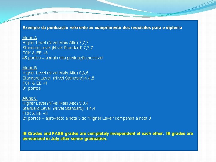 Exemplo da pontuação referente ao cumprimento dos requisitos para o diploma Aluno A Higher