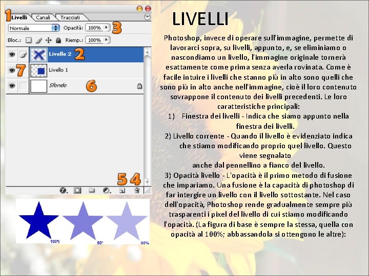 LIVELLI Photoshop, invece di operare sull'immagine, permette di lavorarci sopra, su livelli, appunto, e,