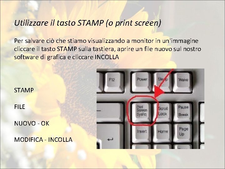 Utilizzare il tasto STAMP (o print screen) Per salvare ciò che stiamo visualizzando a