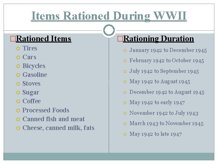 Items Rationed During WWII �Rationed Items Tires Cars Bicycles Gasoline Stoves Sugar Coffee Processed