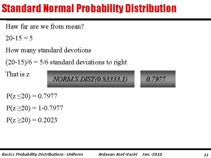 Standard Normal Probability Distribution Haw far are we from mean? 20 -15 = 5