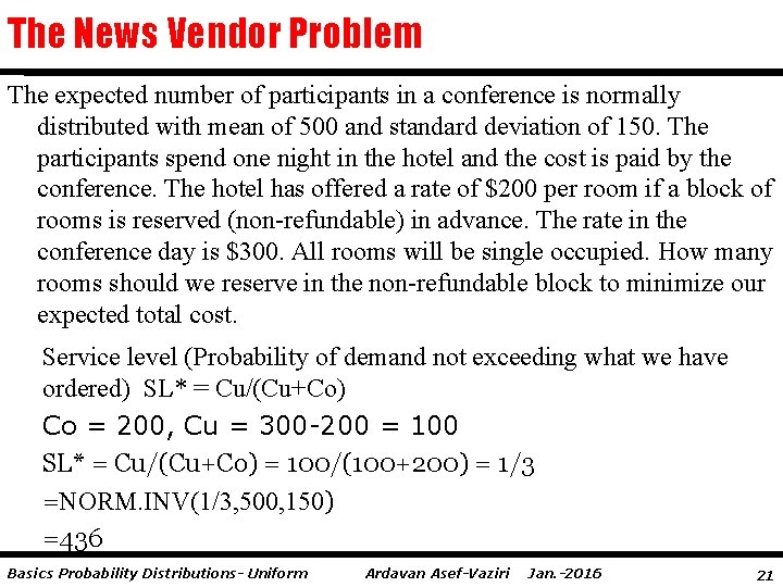 The News Vendor Problem The expected number of participants in a conference is normally