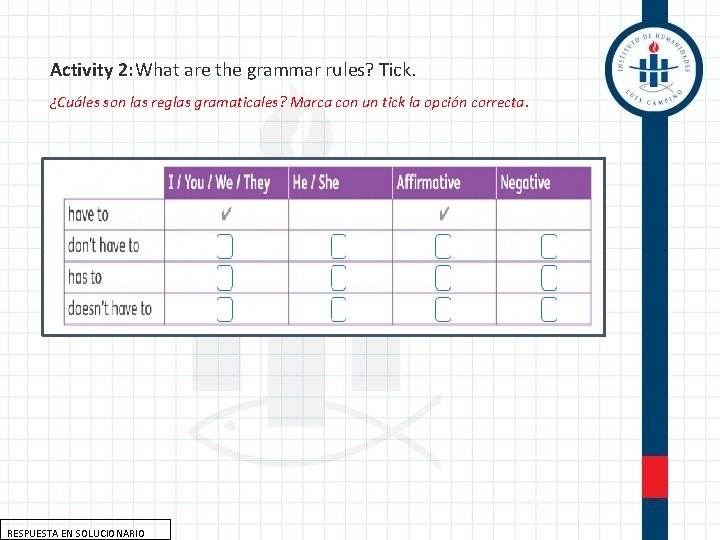 Activity 2: What are the grammar rules? Tick. ¿Cuáles son las reglas gramaticales? Marca