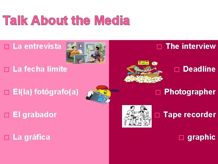 Talk About the Media � La entrevista � La fecha limite � El(la) fotógrafo(a)