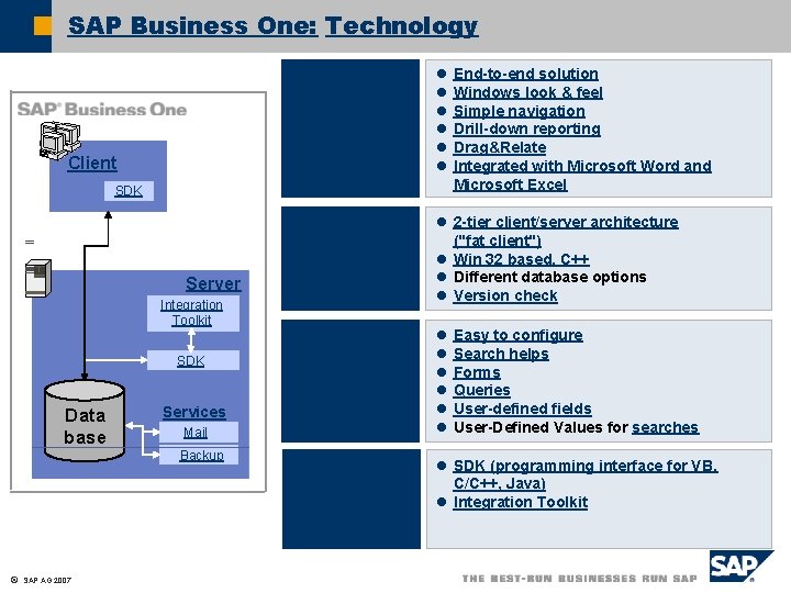 SAP Business One: Technology Easy to Use Client l l l SDK Architecture Server