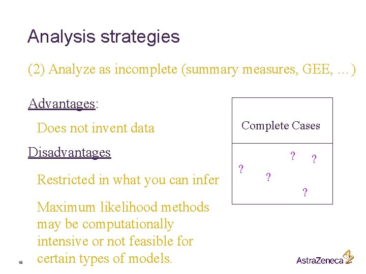 Analysis strategies (2) Analyze as incomplete (summary measures, GEE, …) Advantages: Does not invent