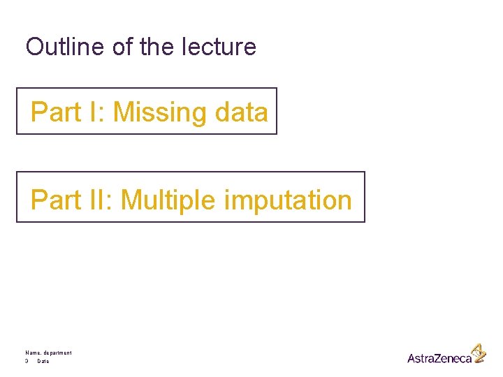 Outline of the lecture Part I: Missing data Part II: Multiple imputation Name, department