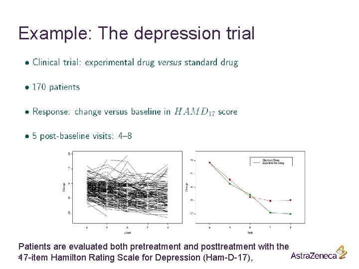 Example: The depression trial Patients are evaluated both pretreatment and posttreatment with the 30