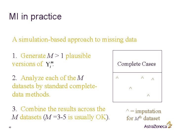 MI in practice A simulation-based approach to missing data 1. Generate M > 1