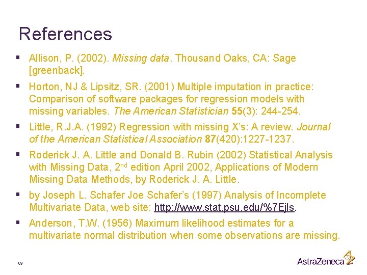 References § Allison, P. (2002). Missing data. Thousand Oaks, CA: Sage [greenback]. § Horton,