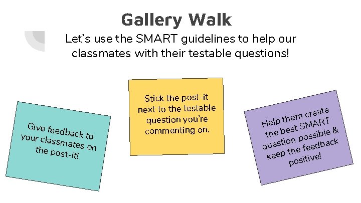 Gallery Walk Let’s use the SMART guidelines to help our classmates with their testable