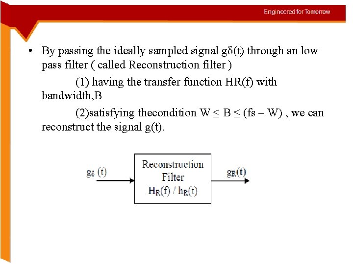  • By passing the ideally sampled signal gδ(t) through an low pass filter