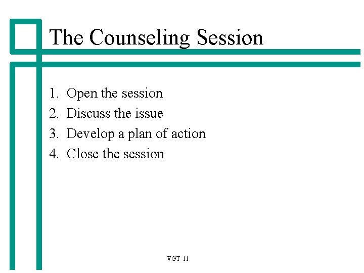 The Counseling Session 1. 2. 3. 4. Open the session Discuss the issue Develop