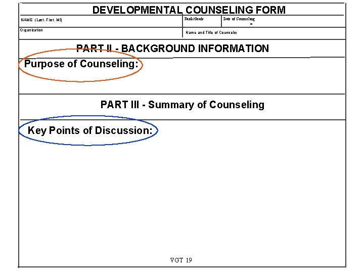 DEVELOPMENTAL COUNSELING FORM Rank/Grade NAME (Last, First, MI) Organization Date of Counseling Name and