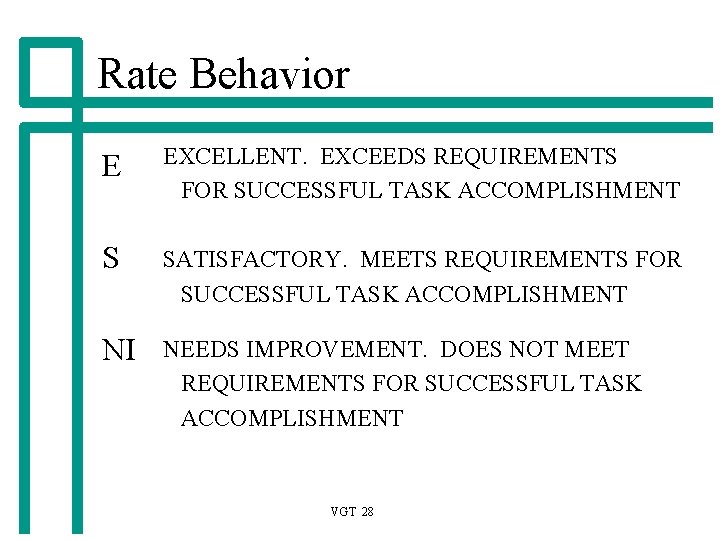 Rate Behavior E EXCELLENT. EXCEEDS REQUIREMENTS FOR SUCCESSFUL TASK ACCOMPLISHMENT S SATISFACTORY. MEETS REQUIREMENTS