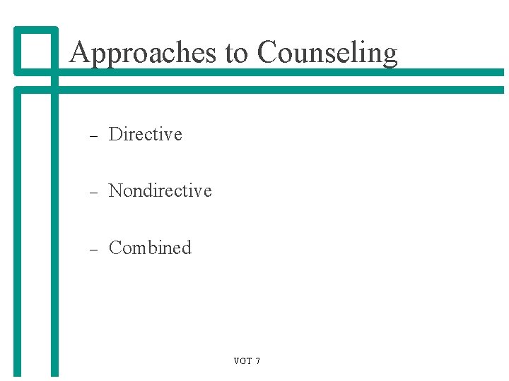 Approaches to Counseling – Directive – Nondirective – Combined VGT 7 