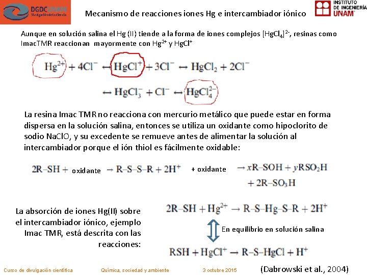 Mecanismo de reacciones Hg e intercambiador iónico Aunque en solución salina el Hg (II)