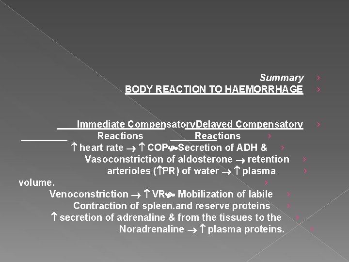 Summary BODY REACTION TO HAEMORRHAGE › › Immediate Compensatory. Delayed Compensatory › Reactions ›