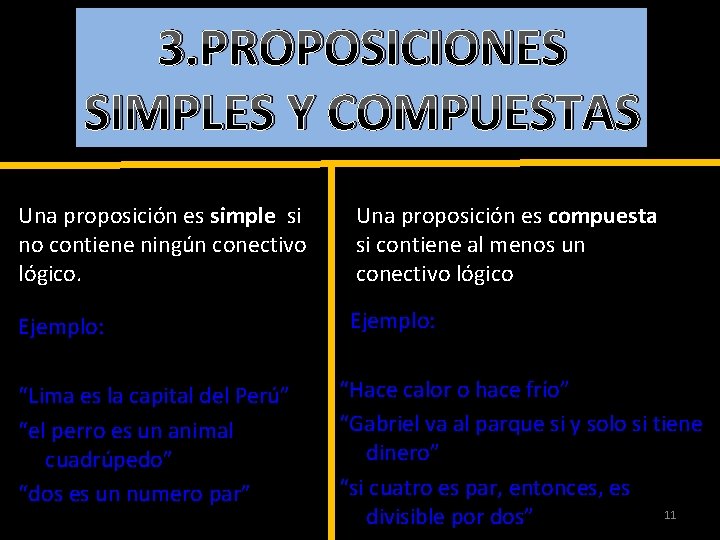 3. PROPOSICIONES SIMPLES Y COMPUESTAS Una proposición es simple si no contiene ningún conectivo