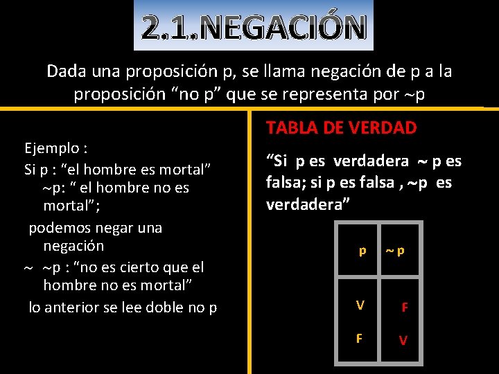 2. 1. NEGACIÓN Dada una proposición p, se llama negación de p a la