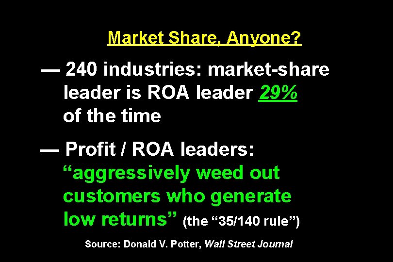 Market Share, Anyone? — 240 industries: market-share leader is ROA leader 29% of the