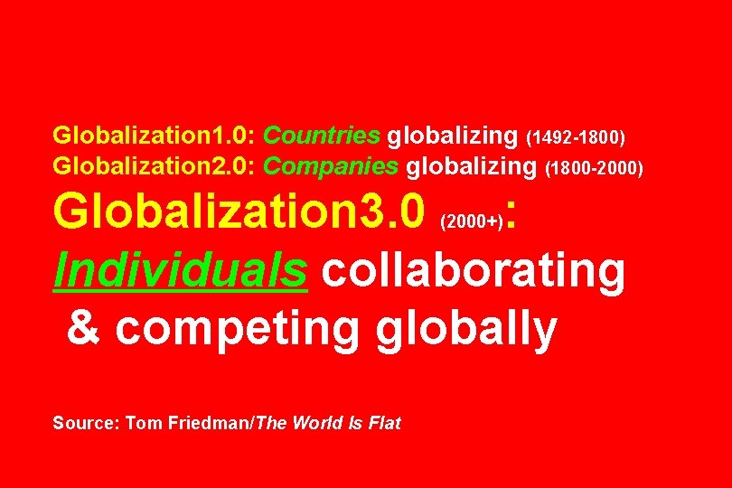 Globalization 1. 0: Countries globalizing (1492 -1800) Globalization 2. 0: Companies globalizing (1800 -2000)