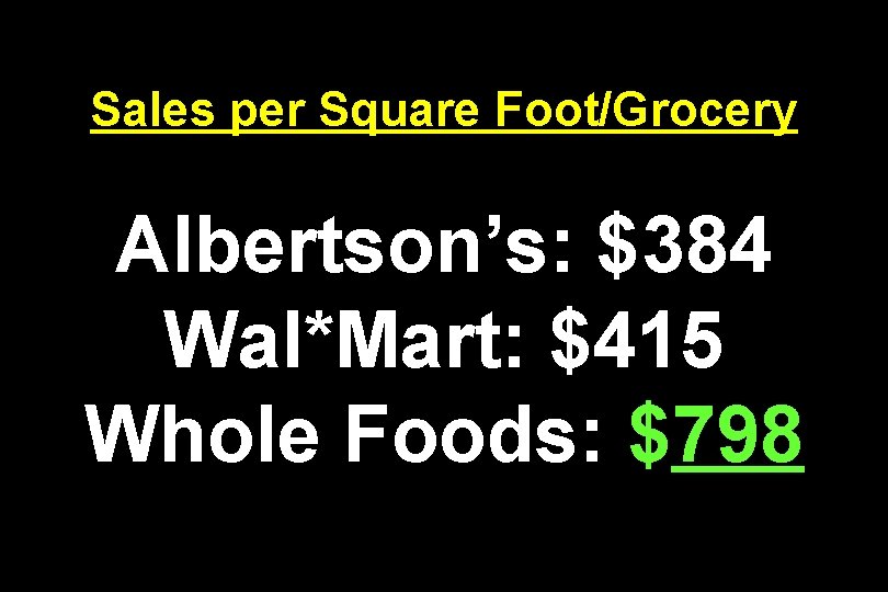 Sales per Square Foot/Grocery Albertson’s: $384 Wal*Mart: $415 Whole Foods: $798 