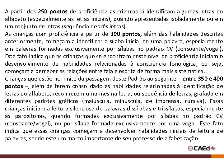 A partir dos 250 pontos de proficiência as crianças já identificam algumas letras do