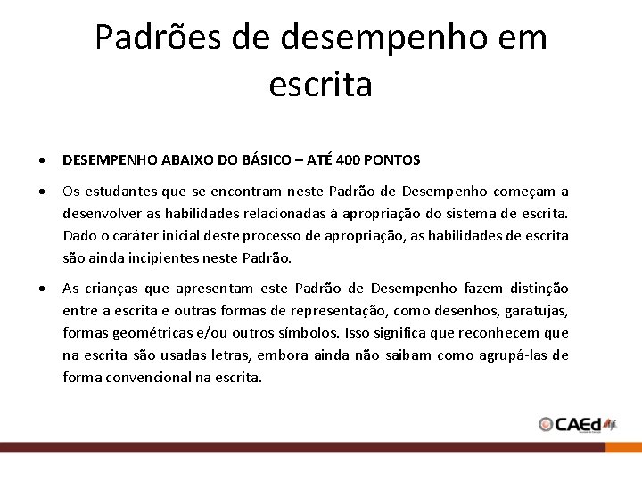 Padrões de desempenho em escrita DESEMPENHO ABAIXO DO BÁSICO – ATÉ 400 PONTOS Os