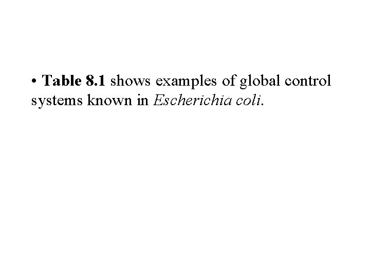  • Table 8. 1 shows examples of global control systems known in Escherichia