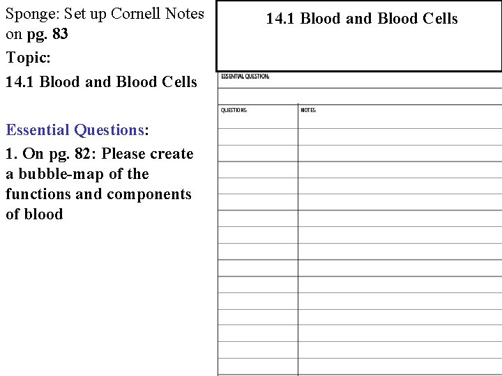 Sponge: Set up Cornell Notes on pg. 83 Topic: 14. 1 Blood and Blood