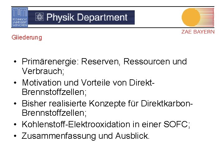 Gliederung • Primärenergie: Reserven, Ressourcen und Verbrauch; • Motivation und Vorteile von Direkt. Brennstoffzellen;